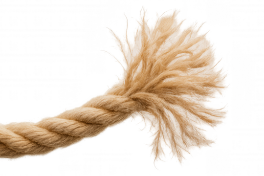 Fraying rope end showing weakness and stress, breaking connection, unraveling fibers on transparent background