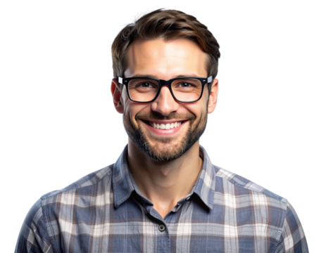 - Smiling Man with Glasses Facing Forward, Studio Portrait on Transparent Background