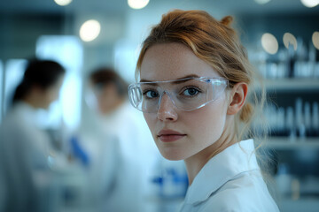 Fototapeta premium Female Scientist in Safety Glasses in a Blue Toned Laboratory Setting With Colleagues