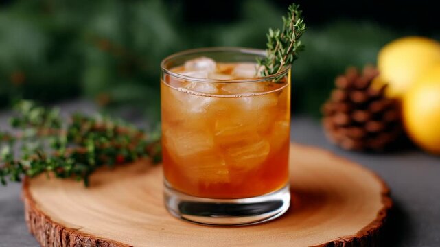 Mixology winter, a cocktail garnished with thyme on a rustic wooden coaster.