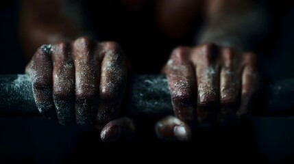 Close up of chalk dusted hands gripping a bar symbolizing strength and determination in fitness