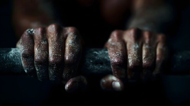 Close up of chalk dusted hands gripping a bar symbolizing strength and determination in fitness - Powered by Adobe