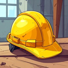 Yellow safety helmet, slightly worn, sits on wooden surface, with window behind