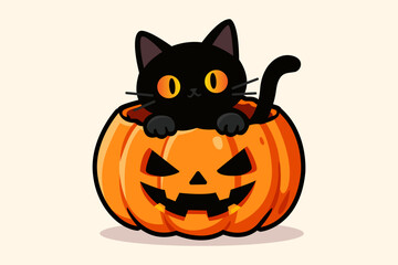 A cute cartoon black cat peeking out from inside a carved Halloween pumpkin.
