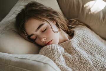 A serene young woman sleeps peacefully on a comfortable couch, wearing a cozy knitted sweater. Her tranquil face is softly lit.