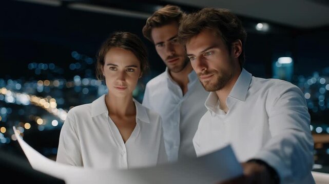 A diverse team of professionals planning renewable energy systems for a high-tech city, emphasizing green technology, teamwork, innovation, and sustainable urban growth. three-quarter wide angle,