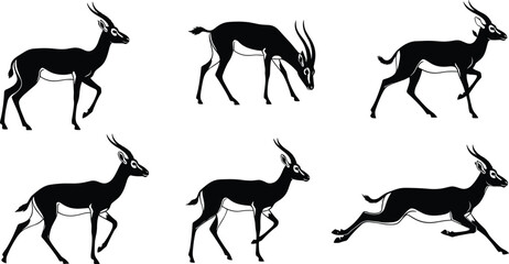 Antelope silhouette vector set with walking, grazing, running, standing poses for wildlife, nature, animal motion, and stock illustration use