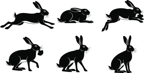 Black Rabbit Silhouettes in Dynamic and Static Poses with White Outline Details for Wildlife, Easter, Pet, and Nature Themes