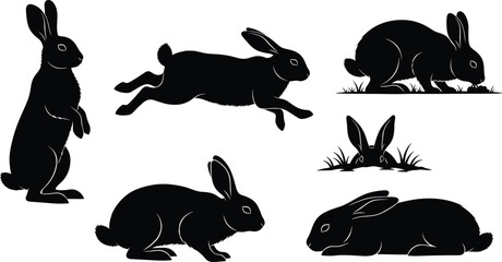 Black Rabbit Silhouettes in Natural Poses Including Standing, Leaping, Resting, and Hiding in Grass for Wildlife, Pet, and Nature Themes