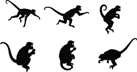 Monkey Silhouette Vector Set Featuring Walking, Running, Jumping, Sitting, Eating, and Crouching Poses for Jungle Wildlife and Nature Themes