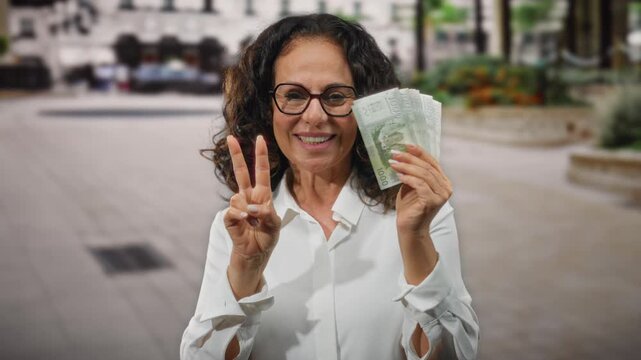 Middle-aged woman holding chilean pesos smiling with peace sign in a vibrant urban street setting showcasing financial success.