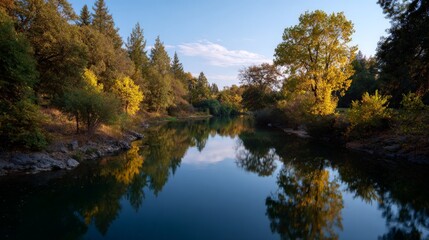 Fototapeta premium Tranquil autumn river scene with reflections and trees