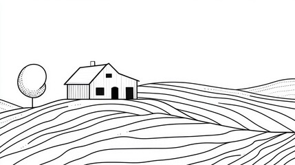 Countryside farm illustration with fields, hills, and a tree under a clear sky. Farm landscape image
