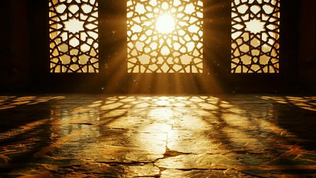 Bright sunlight streams through an ornate geometric Arabic-style window casting beautiful light rays and shadows on an old stone floor