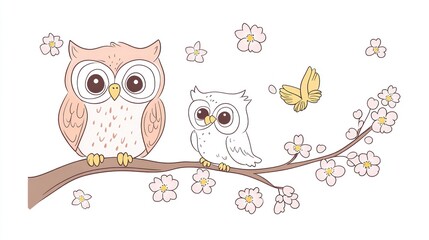 Cute owls on cherry blossom branch