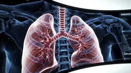 Futuristic medical animation showing a detailed 3D model of the human respiratory system, with lungs and bronchi on a digital interface - Powered by Adobe