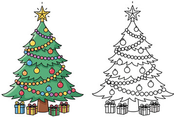 Festive Christmas Tree with Colorful Ornaments and Gifts - Cartoon Style Illustration and Outline Version for Coloring