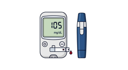 Digital Blood Glucose Meter and Lancet Showing Reading.