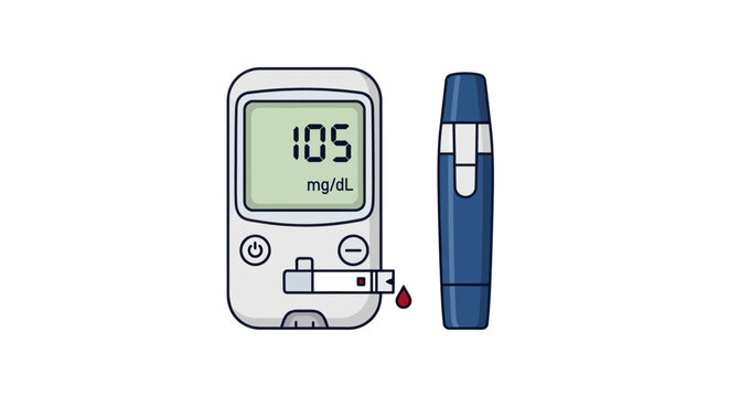 Digital Blood Glucose Meter and Lancet Showing Reading.