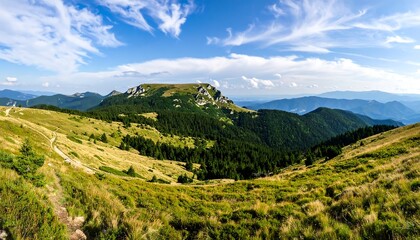 Obraz premium Panoramic mountain vista, grassy slopes, lush forests, clear blue sky, fluffy clouds