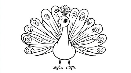 Cute cartoon peacock, simple line art, coloring book, kids