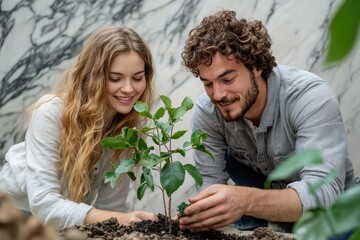 A smiling young couple collaboratively plants a small green sapling into rich soil, demonstrating care for nature and enjoying their shared gardening activity.