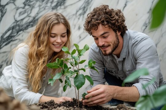 A smiling young couple collaboratively plants a small green sapling into rich soil, demonstrating care for nature and enjoying their shared gardening activity. - Powered by Adobe