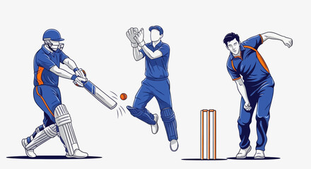 Cricket players in action: batsman, wicket-keeper, and bowler in blue uniforms.