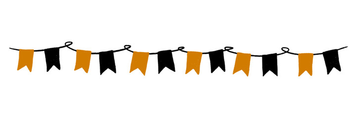 Halloween bunting flags and pennant banner garland for holiday party decor. Hand drawn black and orange rope chain. Autumn fairground streamer for spooky card design. Isolated vector illustration