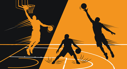 Stylized illustration of basketball players in action, featuring silhouettes dunking, dribbling, and shooting on a split-color court.