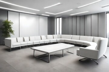 Fototapeta premium 4D view, company meeting room, with luxery sofa's white colour, L-Shape , with grey background