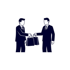 Two businessmen exchanging shopping bags during a meeting, symbolizing a successful deal and partnership in a clean, minimalist style.