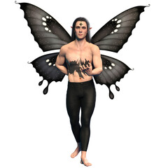 3D rendered male fantasy character as a dark butterfly isolated on transparent background