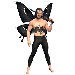 3D rendered male fantasy character as a dark butterfly isolated on transparent background