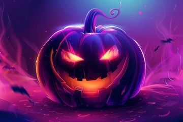 A Glowing Jackolantern Carved Pumpkin in a Dark Night Scene