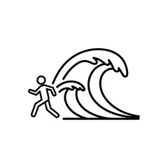 Person running from large tsunami wave on coastline during natural disaster, conveying danger and urgency.