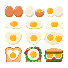 Variety of Eggs and Egg Dishes Flat Vector Illustration for Food Blog or Recipe Website Cooking Preparation