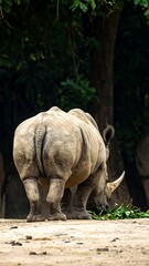 Fototapeta premium Large, gray animal grazes near a tree with a visible horn