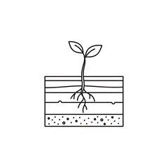 Small seedling grows in layered soil, showcasing new life and the beauty of nature in a simple, minimalist style.