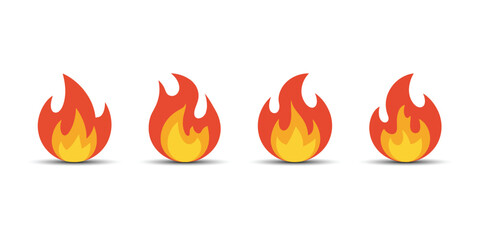 Set of Fire Flame Icons in Flat Cartoon Style. Simple Vector Bonfire Symbol Collection with white background
