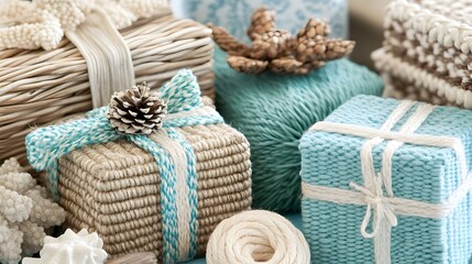 Handmade Christmas gift boxes wrapped yarn, pinecone for presents idea
