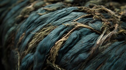 Detailed close up of rough blue fabric intertwined with frayed rope threads texture