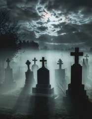 Foggy graveyard at night with tombstones and crosses in the moonlight scene © AbdullahAl