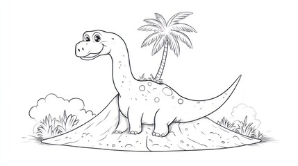 Cartoon dinosaur on hill, palm tree background, coloring book image