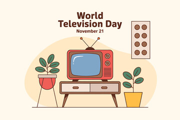 Celebrating World Television Day on November 21st with Retro Style TV and Plants Illustration