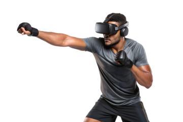 Man Wearing VR Headset and Boxing Gloves Throws a Punch virtual reality