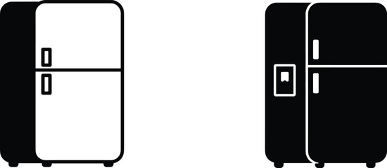 Modern refrigerator icon set, black and white fridge vector illustration, minimal kitchen appliance design, household cooling equipment, clean outline style graphic