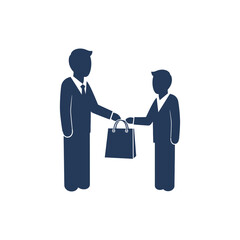 Man giving shopping bag to another person in a simple transaction, representing gift giving or retail purchase with clean lines and minimalist style.