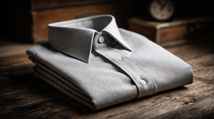 Folded gray shirt with buttons and collar on a wooden surface with boxes in the background scene