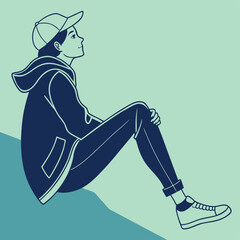 Minimalist Vector Illustration of a Young Person Sitting and Thinking in Casual Outfit